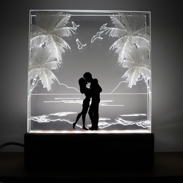 Veraart 3 Katmanlı Kumsaldaki Sevgili Pleksi Kişiye Özel Gece Lambası Sevgililer Günü Hediyesi