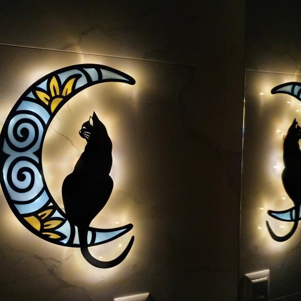 Veraart Epoksili Ahşap Aydaki Kedi Figürlü Duvar Dekorlu Gece Lambası Mavi Sarı 75 cm - 2