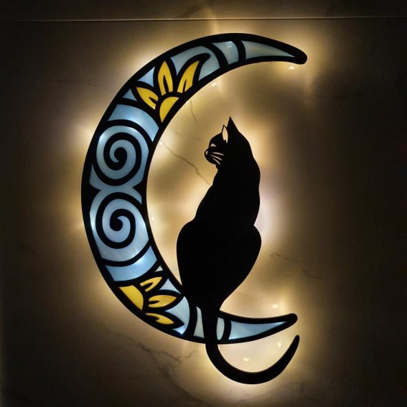 Veraart Epoksili Ahşap Aydaki Kedi Figürlü Duvar Dekorlu Gece Lambası Mavi Sarı 75 cm - 4