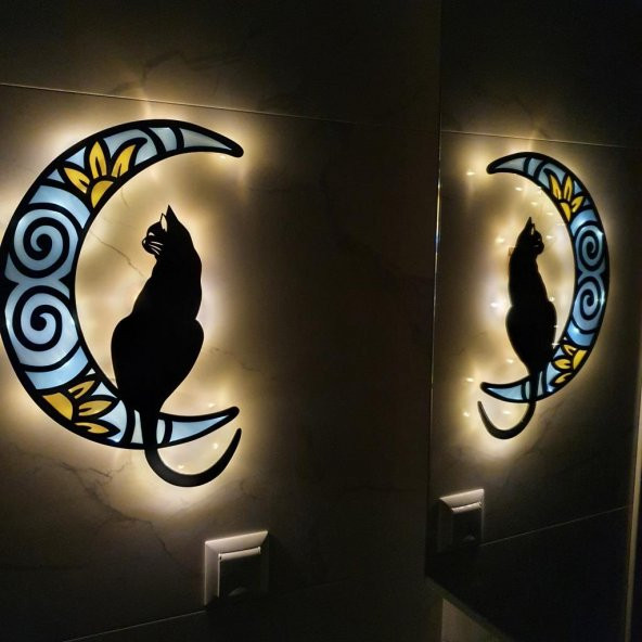 Veraart Epoksili Ahşap Aydaki Kedi Figürlü Duvar Dekorlu Gece Lambası Mavi Sarı 75 cm - 5