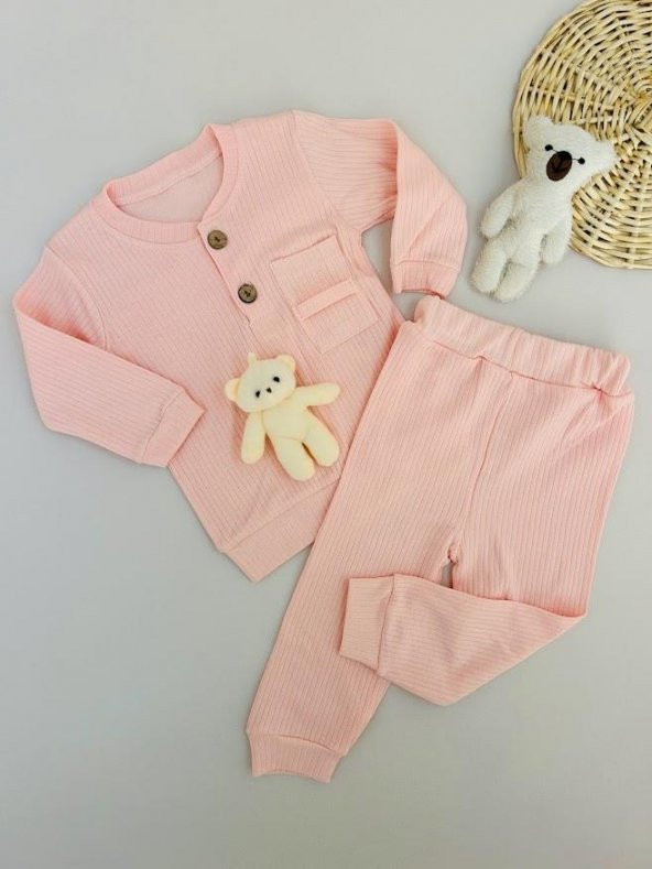 Kız Bebek Ahşap Düğmeli Fitilli Kumaş Ayıcıklı Takım Somon