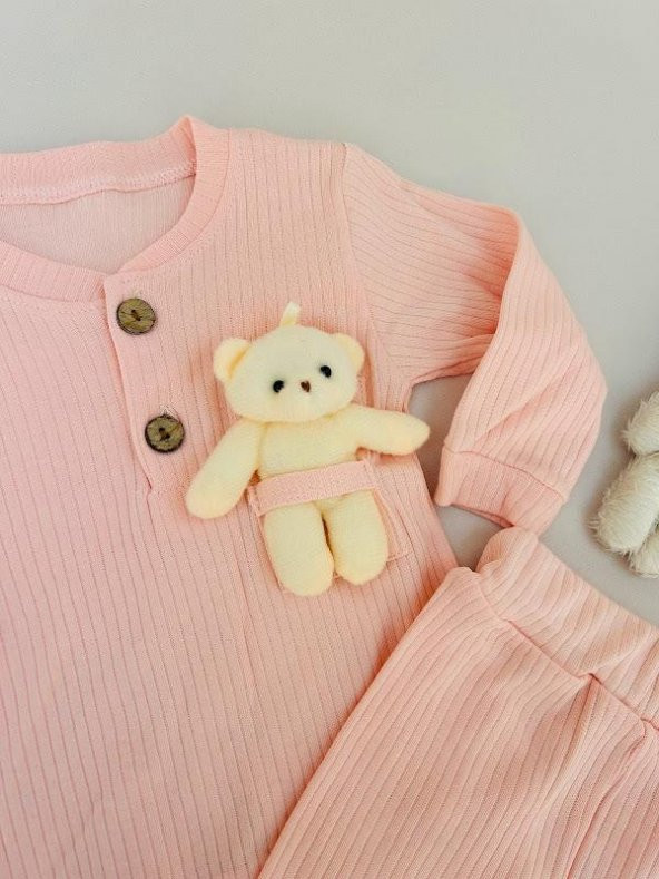 Kız Bebek Ahşap Düğmeli Fitilli Kumaş Ayıcıklı Takım Somon - 2