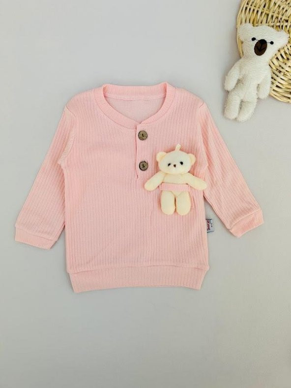 Kız Bebek Ahşap Düğmeli Fitilli Kumaş Ayıcıklı Takım Somon - 3