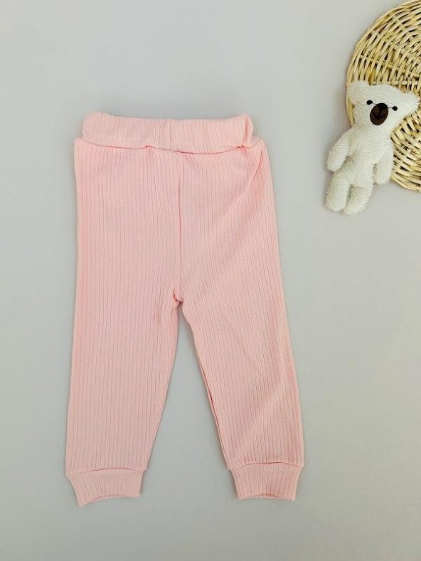 Kız Bebek Ahşap Düğmeli Fitilli Kumaş Ayıcıklı Takım Somon - 4