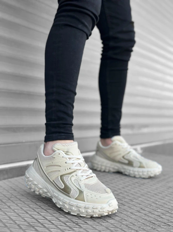 BA0592 Tarz Sneakers Ithal Krem Fileli Rahat Taban Spor Ayakkabısı - Resim 3