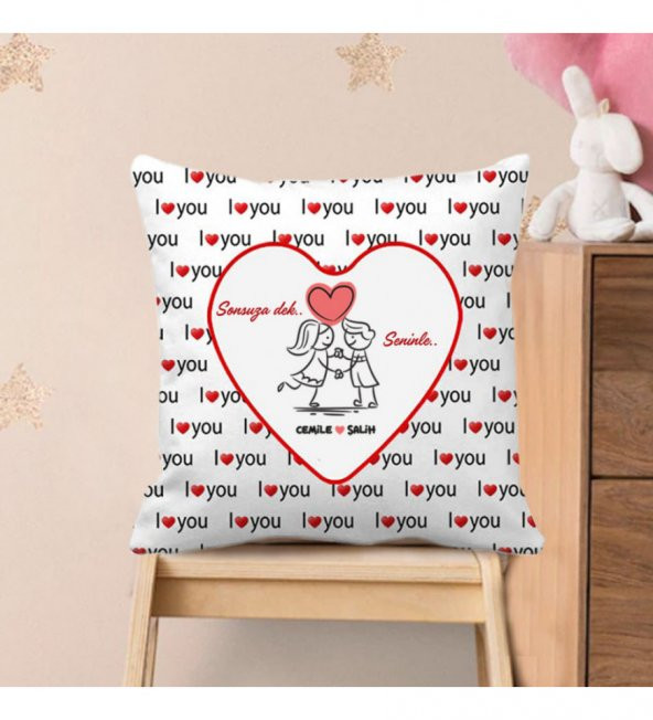 Kişiye Özel Baskılı I Love You Kalp Desen Yastık 37 cm - 2