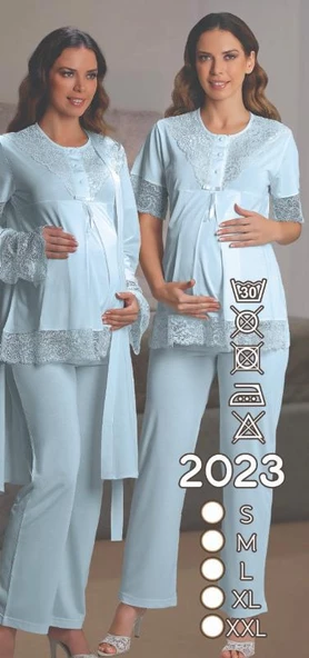 Nehirsel 2023 Mavi Hamile Lohusa 3 Lü Pijama Sabahlık Tk - Resim 3