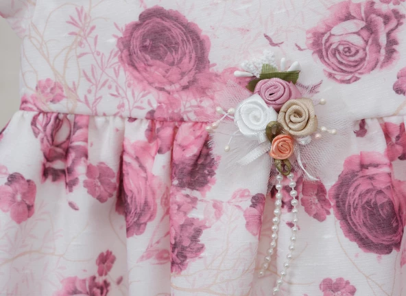 Çiçekli Saç Bantlı Külotlu Kız Bebek Bayramlık Elbise Takım Ekru 11578 - 5