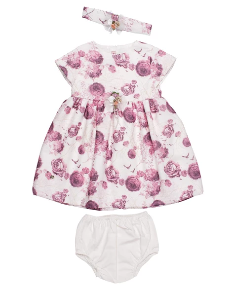 Çiçekli Saç Bantlı Külotlu Kız Bebek Bayramlık Elbise Takım Ekru 11578 - 2