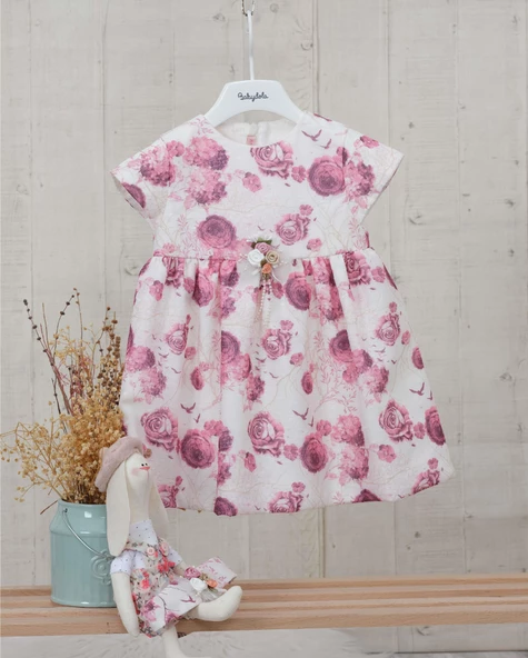 Çiçekli Saç Bantlı Külotlu Kız Bebek Bayramlık Elbise Takım Ekru 11578