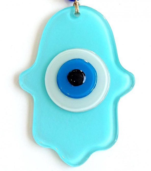 Nazar Boncuklu Turkuaz Renginde Fatma Ana Bereket Eli Cam Duvar Süsü ürün görseli