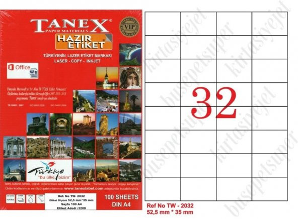 Tanex Lazer Etiket tw-2032 100 A4 Sayfa Laser Etiket 52 x 35 Boyutunda 1 A4 Sayfada 32 Etiket - 2
