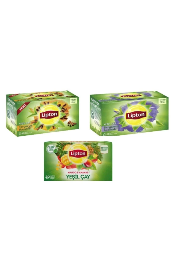 Lipton 3 Lü Yeşil Çay Seti 60 Adet Tarçın Karanfil Mango Ananas Bergamot Aromalı