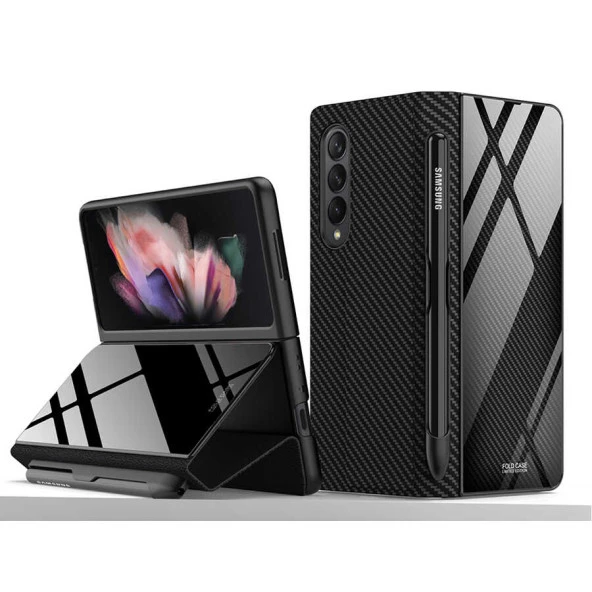 Samsung Galaxy Z Fold 3 Kılıf Zore Kalem Bölmeli Droga Kılıf Lyon Tech  Siyah