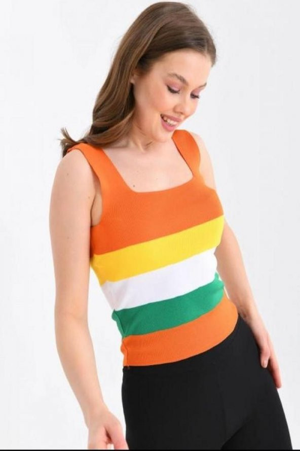 Askılı ve Çizgli Kiremit Crop Triko Kiremit Kadın Bluz - 3