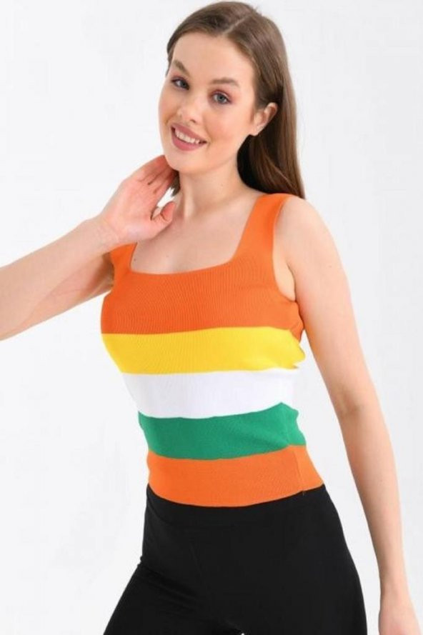 Askılı ve Çizgli Kiremit Crop Triko Kiremit Kadın Bluz - 4
