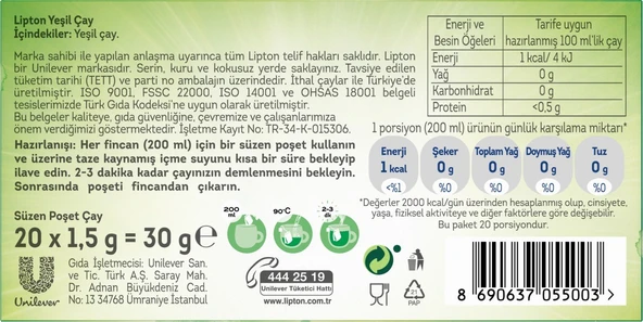 Lipton Yeşil Çay Sade Bitki Bardak Poşet Çayı 20li X 6 Adet - Resim 8