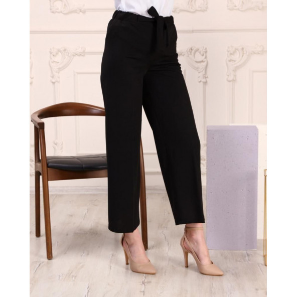 Scuba Bol Paça Kumaş Kemerli Pantolon Cepsiz Kumaş Pantolon Bol Tesettür Pantolon Kumaş Kadın Pantolon - 11