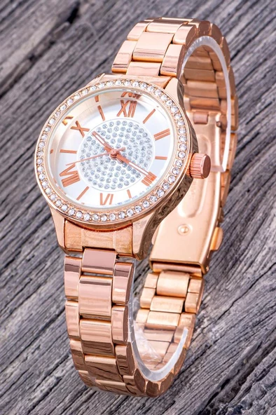 Bakır Renk Roma Rakamlı Taşlı Kadın Kol Saati ST-304302 - Resim 2