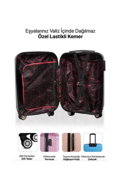 Polo&Sky Elmas Pembe Renk Kabin Boy + Elmas Siyah Orta Boy 2'li Valiz Seti - Resim 7