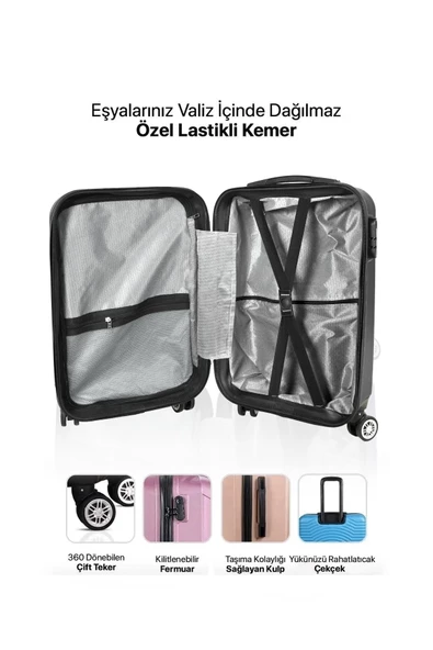 Polo&Sky Elmas Pembe Renk Kabin Boy + Elmas Siyah Orta Boy 2'li Valiz Seti - Resim 6