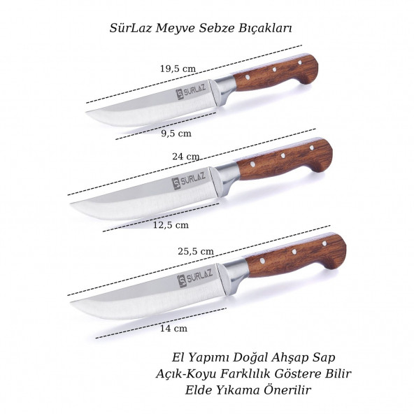SürLaz Meyve Sebze Bıçak Seti 3 Parça Ekmek Sebze Meyve Bıçağı - 4