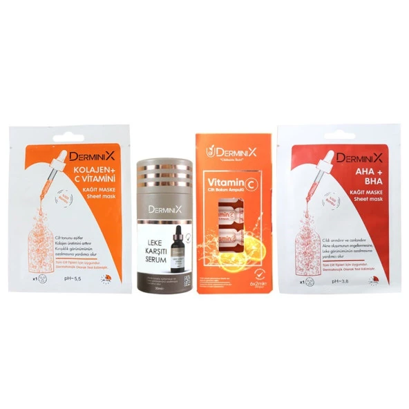 Derminix Leke Karşıtı Bakım Seti  Serum + C Vitamin Ampul + C Vitamin Maske + AHA BHA Maske