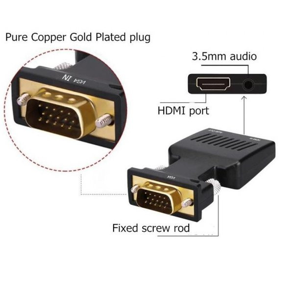 Vga To Hdmi Çevirici Dönüştürücü Laptop Tv Monitör Adaptör Kablosu 4501 - 5