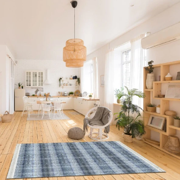 Baskılı Kilim Modern Klasik Yansıma Desen Mavi Laci Bej Zemin