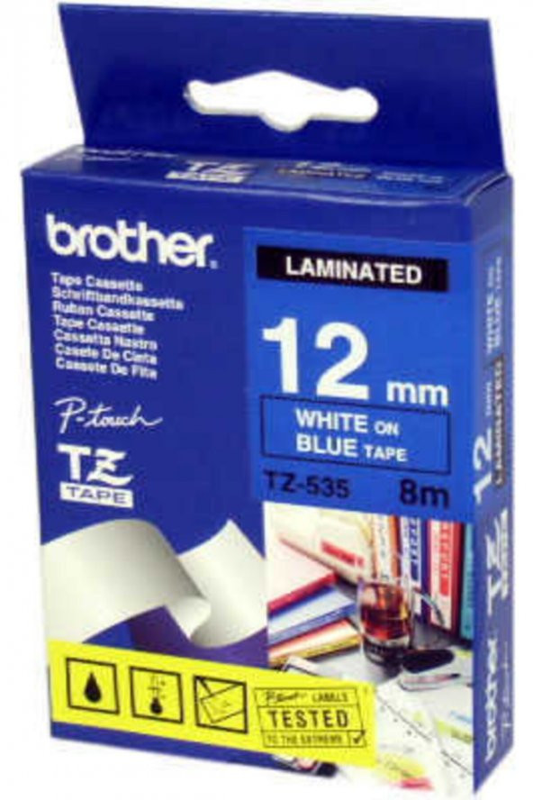 BROTHER TZ-535 MAVİ ÜZERİNE BEYAZ LAMİNE ETİKET 12 mm