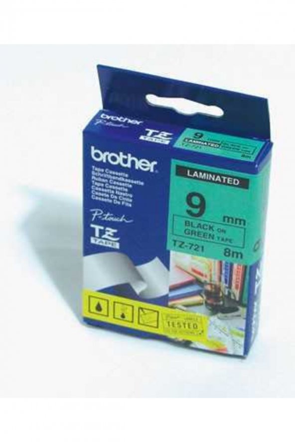 BROTHER TZ-721 9MM YEŞİL ÜZERİNE SİYAH LAMİNASYONLU ETİKET ürün görseli