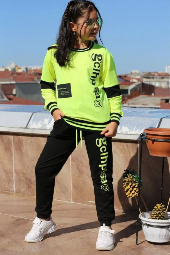 Neon Fosforlu Yeşil Kız Eşofman Takım