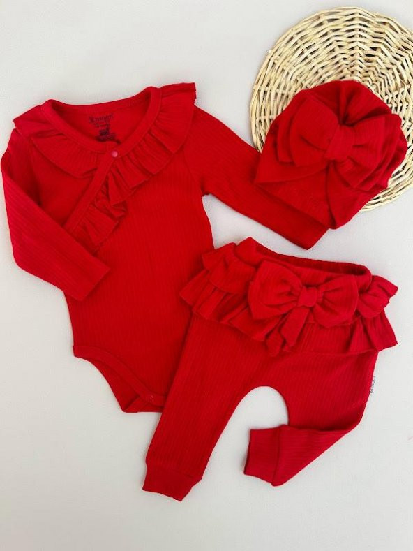 Kız Bebek Kruvaze Yaka Fiyonk Detaylı Boneli Üçlü Takım Kırmızı