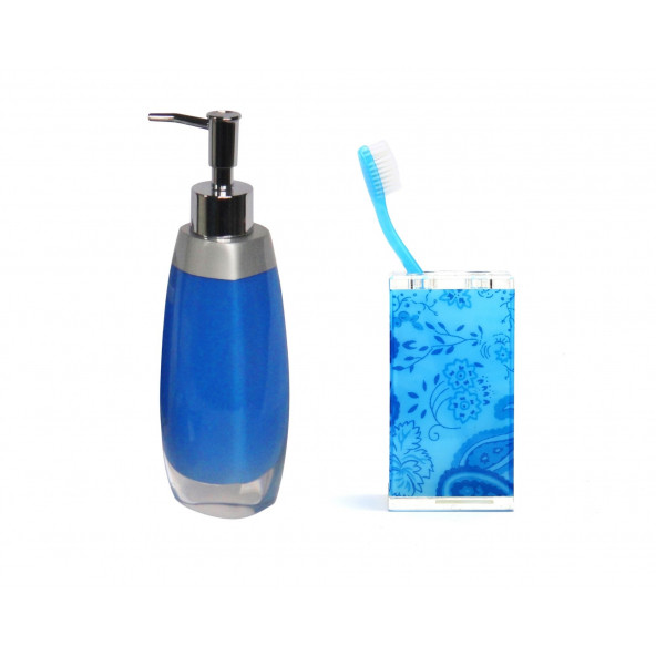 ZBOSP-C215 SIVI SABUNLUKDİŞ FIRÇALIK 2 Lİ BANYO SETİGRİ MAVİ VE ÇİÇEKLİ - Resim 2
