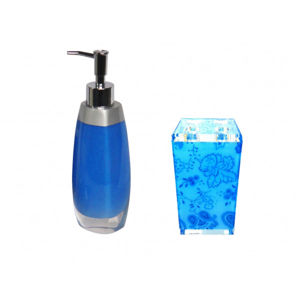 ZBOSP-C215 SIVI SABUNLUKDİŞ FIRÇALIK 2 Lİ BANYO SETİGRİ MAVİ VE ÇİÇEKLİ - Resim 4
