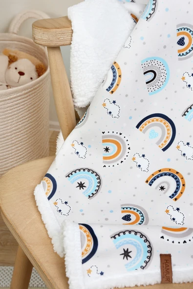 Fluffy Bebek Battaniyesi 80x100 Cm Gök Mavi Kundak Puset Çift Taraflı Koyun Tüyü Battaniye 100x80 - Resim 2