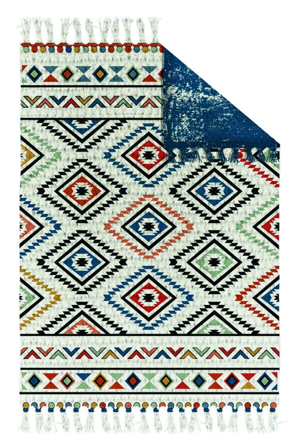 Otantik Vintage Desenli Çift Taraflı Yıkanabilir Saçaklı Uşak Dokuma Kilim Babil-8037