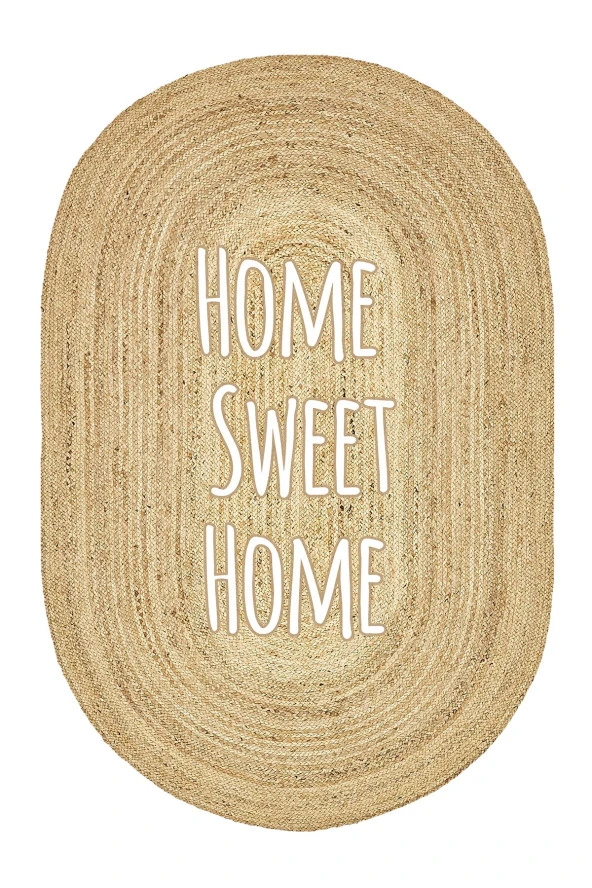 Karnaval Bolero 14 Home Sweet Home Sloganlı Oval Jüt Örme Halı Hasır Kilim