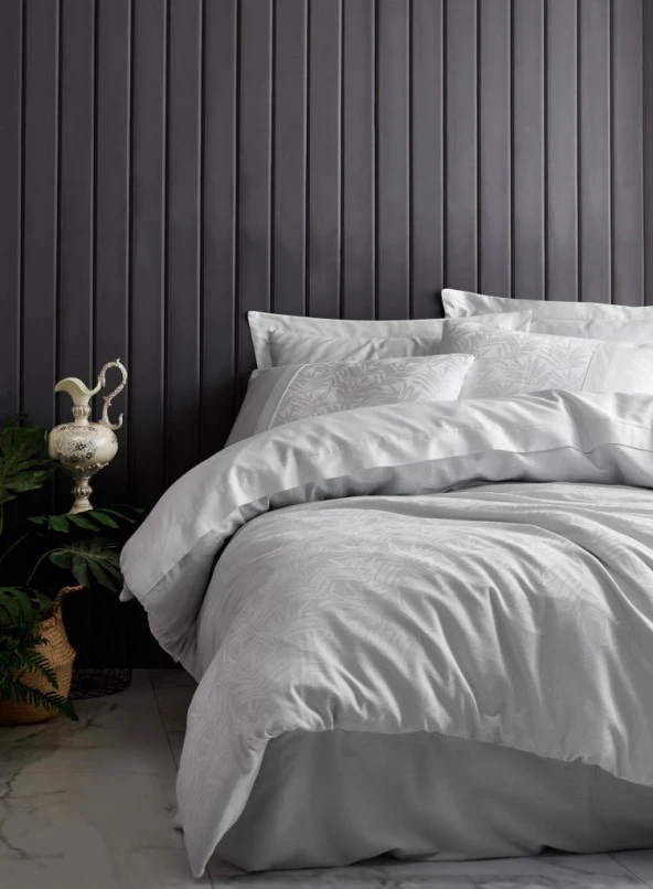 Cotton Box Jakarlı Saten Çift Kişilik Nevresim Takımı Leaf Buz Mavi ürün görseli 1