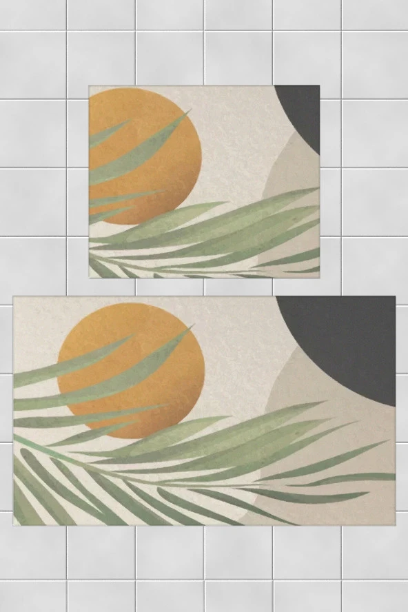 Karnaval Güneş Yaprak Desenli Modern Dekoratif 2li Banyo Takımı - 50x60cm ve 60x100cm