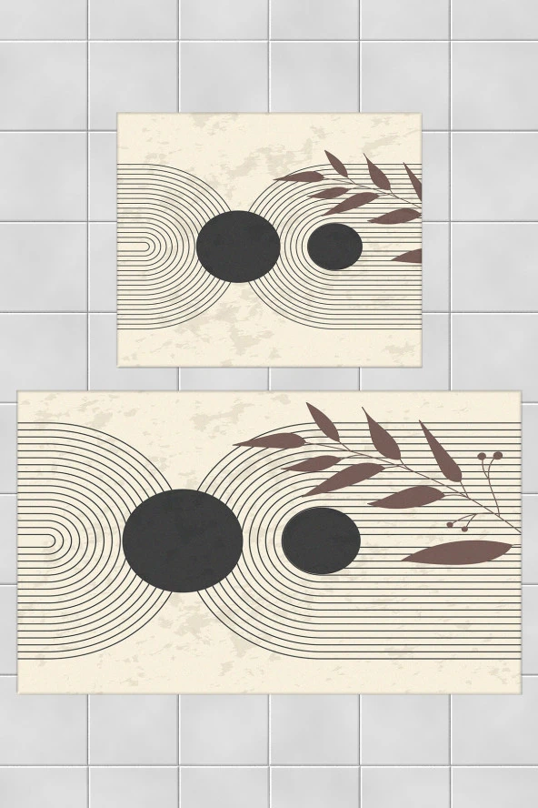 Karnaval Yuvarlak Desen Yapraklı Modern Dekoratif 2'li Banyo Takımı - 50x60cm Ve 60x100cm