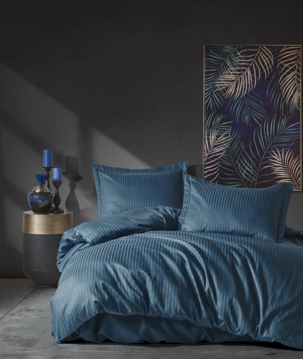 Cotton Box Elegant Stripe Saten Çift Kişilik Nevresim Takımı Mavi ürün görseli 1