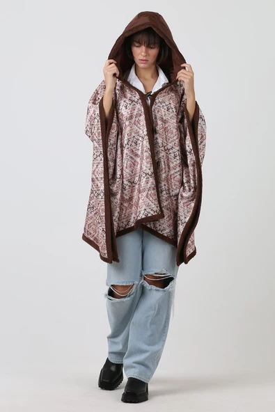 Kapşonlu Oversize Düğmeli İçi Kahverengi Peluş Kadife Mont Ikat Kk-805