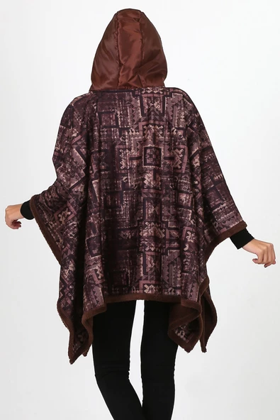 Kapşonlu Oversize Düğmeli Içi Kahverengi Peluş Kadife Mont Wein Kk-801 - 5