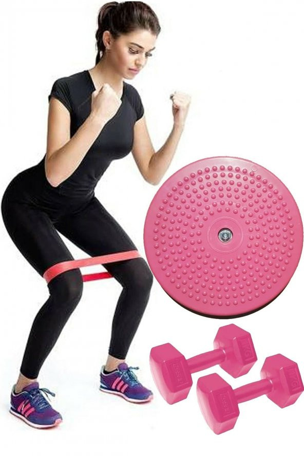 AYLA STAND Twister Disk Bel Inceltici Dönen Disc + Squat Aerobik Pilates Bandı Lastiği + 1 Kg Dambıl Set