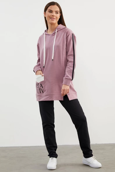 Kapüşonlu Oversize Eşofman Takım - Lila
