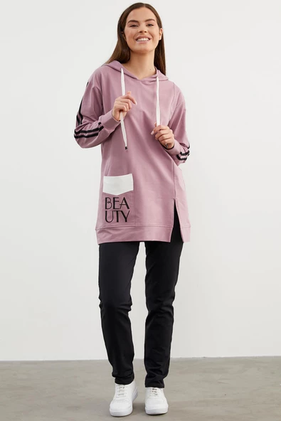 Kapüşonlu Oversize Eşofman Takım - Lila - 4