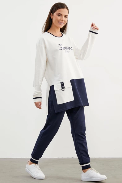 Triko Yaka Detaylı Oversize Eşofman Takım - Lacivert - Resim 4