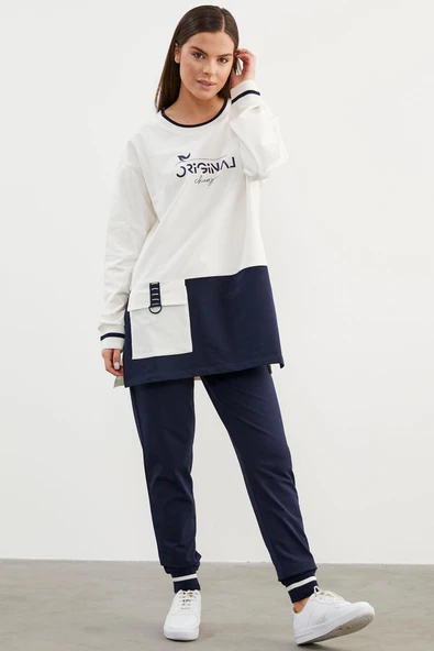 Triko Yaka Detaylı Oversize Eşofman Takım - Lacivert - Resim 3