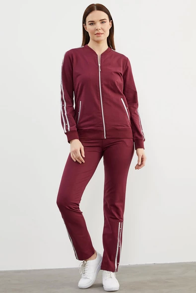 Sim Şerit Detaylı Eşofman Takım - Bordo